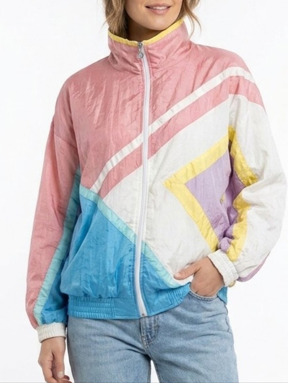 Vintage Lavon 80s pastel colour block zip up nylon windbreaker jacket